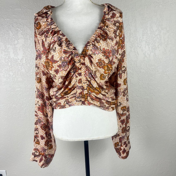 Free People Women’s I got you Printed Top Blouse Sz L Floral Long Sleeve - Picture 3 of 16
